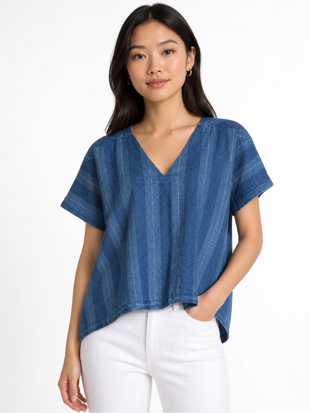 Joie Cotton Linen Chambray Boxy Short Sleeved Top Size Small